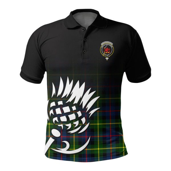 Farquharson Modern Tartan Crest Polo Shirt - Thistle Black Style For Sale