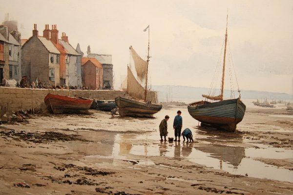 27. Watercolour English Fishing Village Scene Online Sale